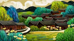 湘西风景少数民族风俗村庄大山手绘背景插画
