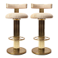 pair of barsools by Designs for Leisure  USA  1989  A pair of brass plated barstools with a reeded column and upholstered swivel seat and back.: 
