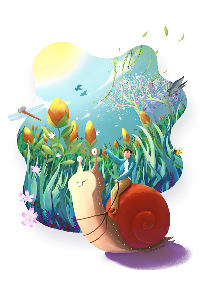 春天绿色插画壁纸屏保昆虫蜗牛蜻蜓燕子阳光...