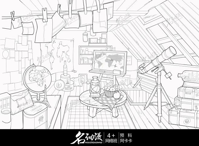 布满世界地图三角阁楼|线稿|原创|阁楼|...