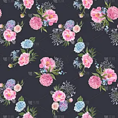 水彩画,花束,四方连续纹样,华丽的,纺织品,壁纸,八仙花属,现代,春天,复古