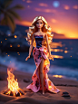Photo _barbie_doll_a_blazing_bonfire_on_the_shoreline_