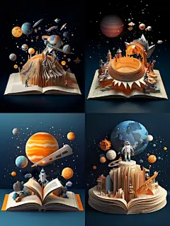 手工折叠太空宇宙火箭星星宇航员剪纸立体书Midjourney关键词咒语