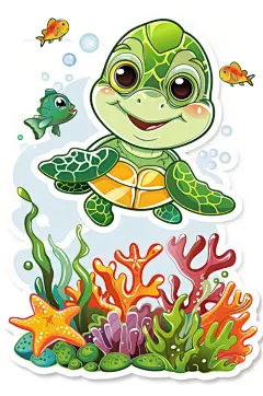 AI数字艺术卡通海洋动物海龟涂鸦插画贴纸-众图网