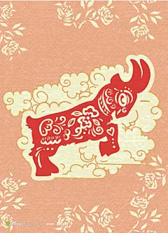 红色山羊剪纸矢量素材