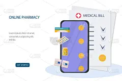 网上药店。发票。泡罩包装的药品。电话和账单支付。医疗保健的概念，在线订购或在互联网上购买药物。模板。