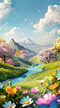 a colorful background image of a grassy field with flowers and a river, in the style of ray caesar, rendered in cinema4d, mountainous vistas, cherry blossoms, vincent callebaut, cute cartoonish designs, uhd image