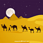 Flat night landscape with egyptian pyramids and caravan of camels Free Vector