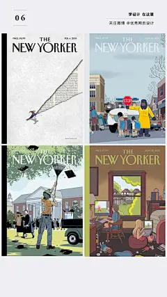 【登上这本杂志封面或许是每个插画师的梦想】作为知识、文艺类的综合杂志《纽约客》（The New Yorker），每期的杂志封面都是从优秀艺术家和漫画家投稿中选择出来的。而这些封面都蕴藏着丰富的故事性和深意，几十张精选插画封面供你获取创意灵感。#插画狂想# ​​​​