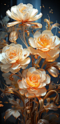 a beautiful piece of artwork featuring white roses, in the style of ethereal fantasy, light gold and gold, photobashing, fluid gestures, detailed character design, 32k uhd, luminescent color scheme