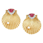 Pair of Gold, Platinum, Ruby, Diamond and Cultured Pearl Shell Clips, Cartier@北坤人素材