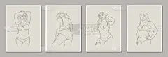 一套带有简约女性形象的海报模板。直线型女性身体。现代抽象线条艺术风格。矢量说明. 