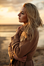 sunset girl Fastion water sea hair wind beach warm colors freedom