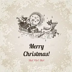 圣诞老人在雪橇与麋鹿圣诞和新年手绘雕刻风格的明信片，海报或网络横幅模板。网站矢量钢笔和铅笔交叉阴影纸