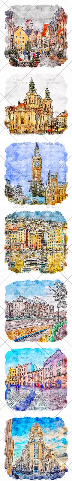 水彩素描手绘旅游世界地标景点著名古典建筑插画AI矢量设计素材-淘宝网