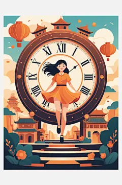 数字艺术插画版画海边女孩线条画扁平风装饰-众图网