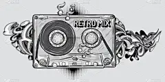 复古混音- -黑白相间的带有涂鸦的盒式磁带 
