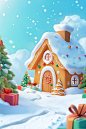 a 3D cartoon game scene, Christmas atmosphere, blue sky background, colorful pencil drawing style, simple design, minimalist style, high resolution, festive pastel colors, flat illustration, and promotional posters, the background is a ginger house covere