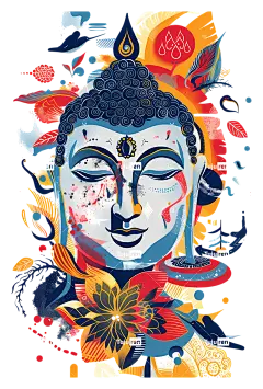 gautambuddha佛教神佛头花卉设计摘要-彩色佛头与花卉设计。平静的