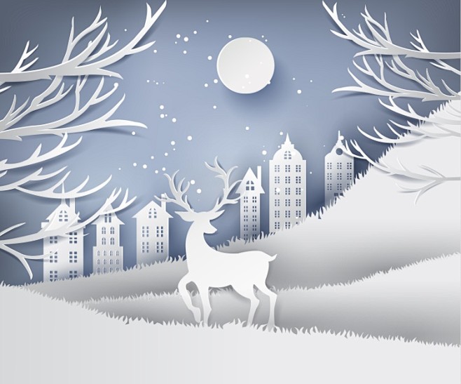 唯美创意剪纸麋鹿圣诞节植物海报冬天冬季新...