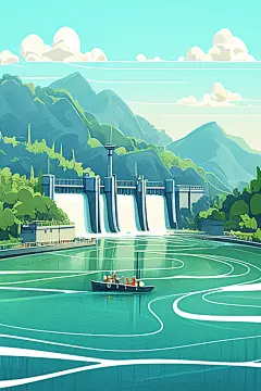 水库水坝风景插画
