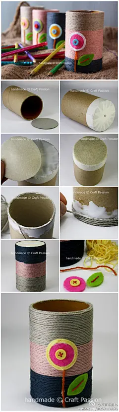 #DIY教程# 纸芯纸管大变身，变废为宝的简单小制作，把废弃的纸芯纸管变为可爱的笔筒~~看见温暖触摸美好，就关注@布言布语Yo