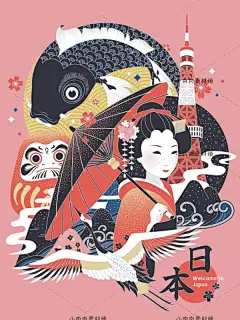 日本剪纸风招财猫旅游美食景点地图建筑海报AI矢量设计素ai399-淘宝网