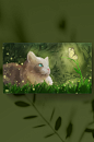 插画 草丛中的萤火虫 猫咪和蝴蝶-众图网