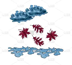雨云、水坑、秋红叶的插画。