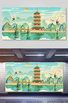 仙鹤唯美高端大气国潮手绘背景插画