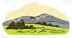 简单的颜色矢量绘图。山景，树木，灌木，清晨的天空，绿色的草，野生动物。全景。用于印刷、明信片、旅游和