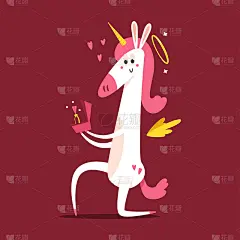 可爱的独角兽丘比特与订婚戒指矢量卡通人物孤立的背景。