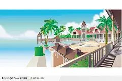 海边的风情建筑插画素材