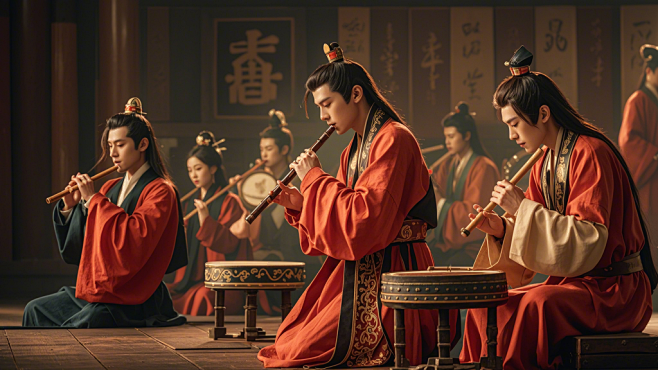 古代乐团在台上表演，有人吹笛子，有人敲鼓，有人敲锣，有人弹琴，有人跳舞，真人实拍,肖像精细,史诗般的构图，超精细，真人写真，电影海报，高清画质