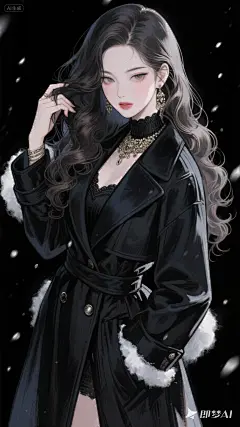 jimeng-2025-09-11-4769-人物面部特写，动漫厚涂风格，水粉技法。暗黑风，边缘光晕。高定大衣，女士大衣。贵气