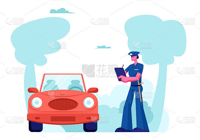 警察人物站在路边的汽车书写罚款。法律保护，汽车交通督察员安全控制，高速交通违章，警察车祸卡通平面矢量