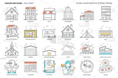 房地产相关,彩色线,矢量图标,插图集.这一套是关于房子，财产，投资，建筑，租金，不动产.