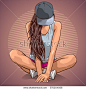 Young beautiful woman in cap sitting with crossed legs. Vector illustration