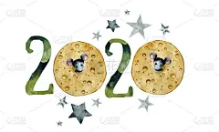 2020年拜年快乐，象征年岁的可爱老鼠，灰色星星，水彩画