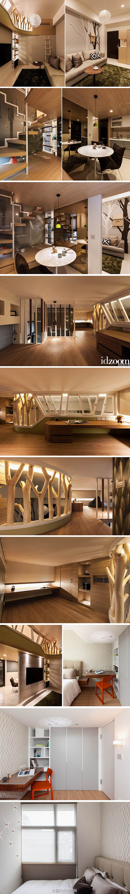 木色的房间，整体上质感无限，树干造型的设...