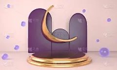 斋月卡里姆问候模板与月亮。领奖台，站在节日灯光背景的广告产品- 3d渲染插图，贺卡，问候。