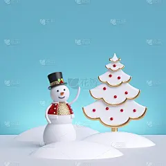 3 d渲染。圣诞贺卡模板与雪人和圣诞冷杉树，孤立在蓝色背景。寒假插图。
