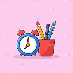 school tools inside a cup with alarm clock simple 