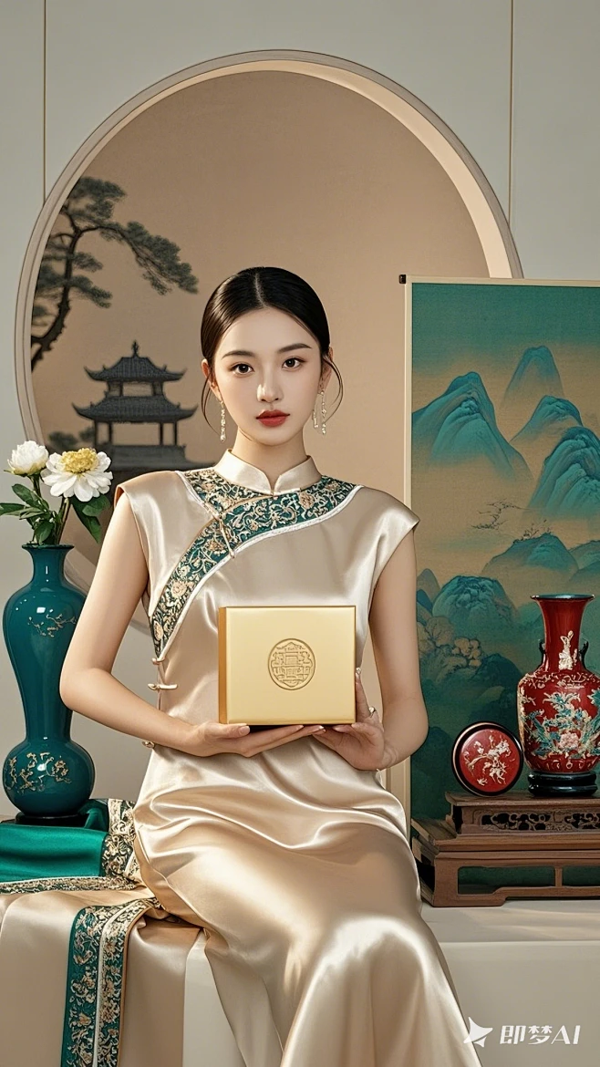 缎面香槟色礼服模特手捧烫金礼盒，新中式园林月洞门场景，传统漆器纹样，工笔重彩风格，霓裳羽衣质感，工笔画晕染技法，青绿山水背景，非遗文化元素 ...