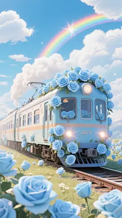手绘蓝色花朵插画背景素材手绘列车