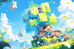 开心笑脸草地孩子插画图片