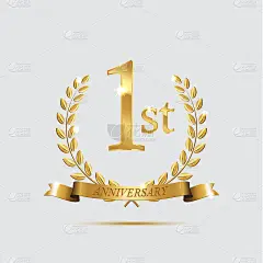 1周年金色象征。金色的月桂花环与丝带和一周年标志在灯光背景。Vector周年设计元素。