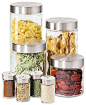 Oggi Canisters & Spice Jars, Glass 8 Piece Set: canisters 4"/6"/7.5"/9"H jars (4) 1.75x3.9H glass/SS 29.99* 10%off: 