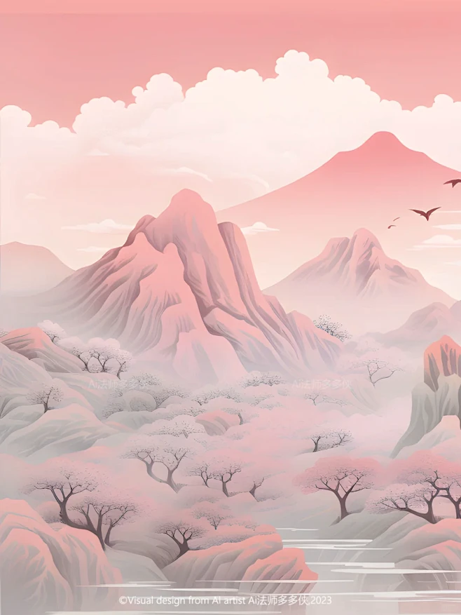 东方美学-粉色山河|新中式国风山水风景插画 - 小红书