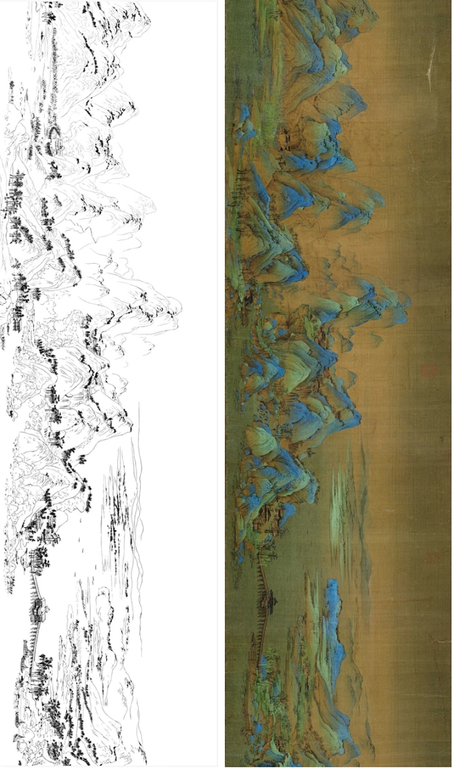 S1687王希孟千里江山图（局部）白描底稿 花鸟临摹练习线描打印稿-淘宝网-花瓣网